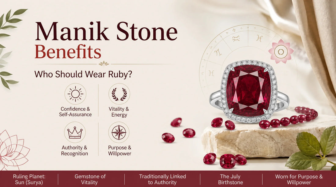 Manik Stone Benefits - who should wear Ruby: a cushion-cut red Ruby ring with a diamond halo on a stone plinth, beside loose Rubies and a Ruby bead strand, traditionally associated with the Sun (Surya)