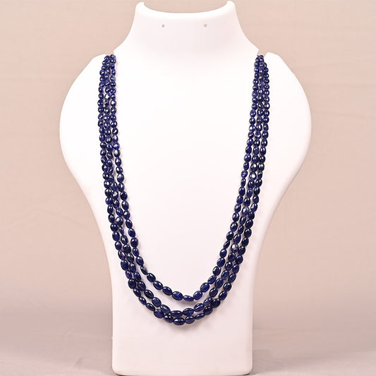 BLUE SAPPHIRE BEADS OVAL SHAPE 3 LINE