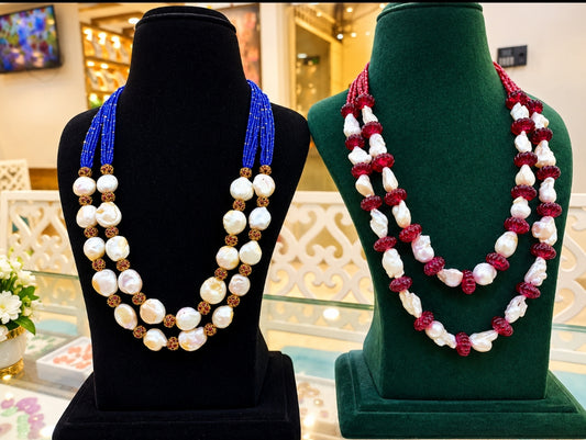 PEARL NECKLACE WITH BLUE SPINAL AND RED MANULU